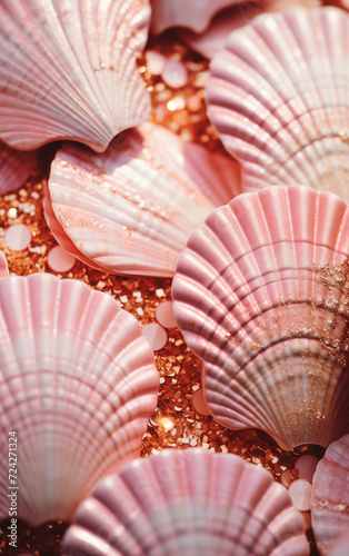 Pink seashells on a pink background with glitter.Minimal creative nature concept.Trendy social mockup or wallpaper with copy space.Flat lay,top view.Generative AI