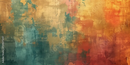 Warm-toned abstract grunge texture with red, orange, and blue brushstrokes on canvas.