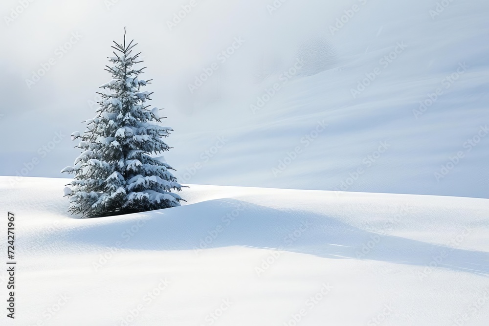 A pristine Snow-covered landscape with a single evergreen tree A pristine Snow-covered landscape with a single evergreen tree