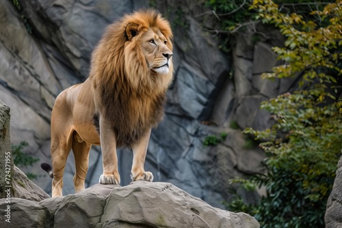 A majestic lion standing proudly on a rocky ledge