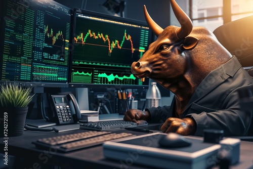 Anamorphic bull in green suit with stock graphics on monitor  bull market concept in old house