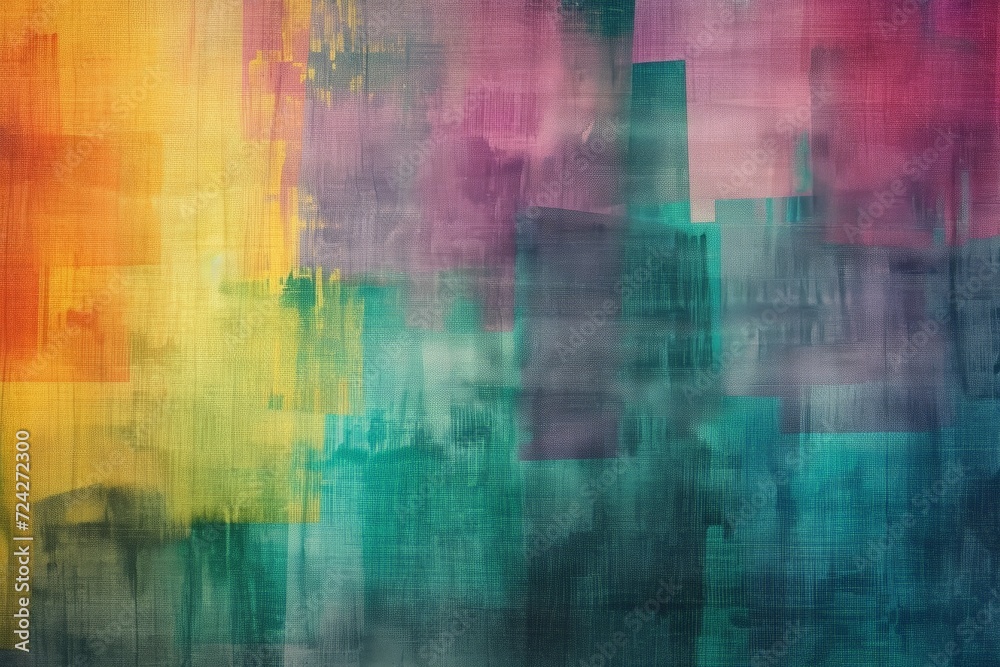 Abstract canvas with a colorful grid-like pattern featuring yellow, pink, and teal blocks with a faded effect.