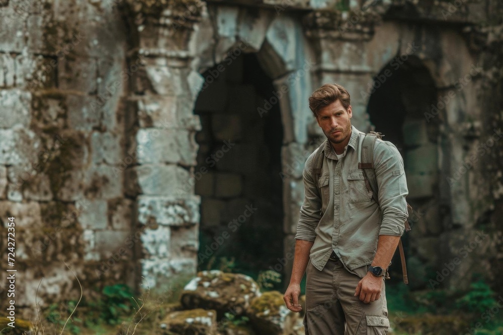 Male model exploring an ancient castle ruins