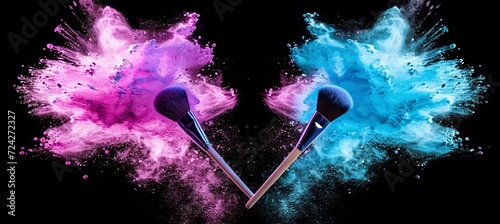 Vibrant beauty splash colorful makeup brushes with powder burst in closeup detail