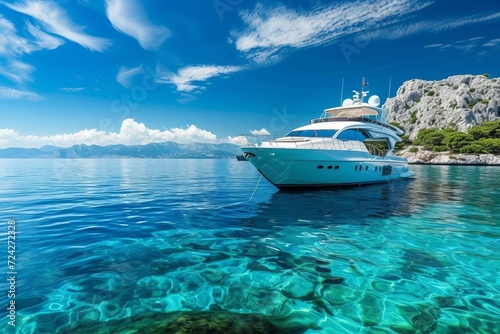 Luxurious yacht sailing on crystal-clear waters under a sunny sky © Bijac
