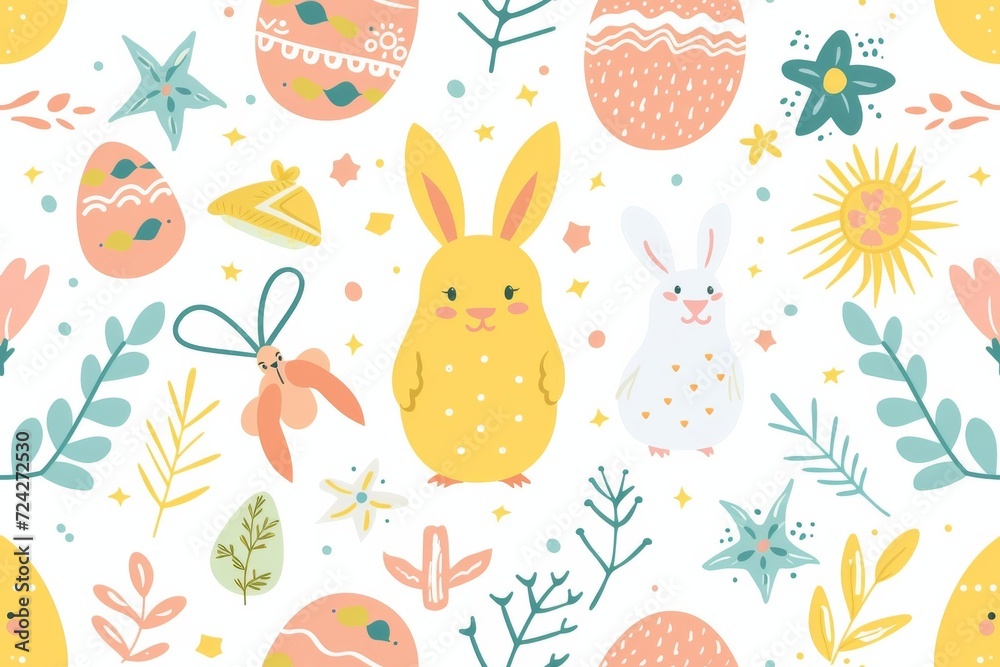 A whimsical illustration of playful child art, featuring a vibrant pattern of rabbits and eggs printed on soft fabric, evoking feelings of joy and the freshness of spring A whimsical illustration of playful child art, featuring a vibrant pattern of rabbits and eggs printed on soft fabric, evoking feelings of joy and the freshness of spring