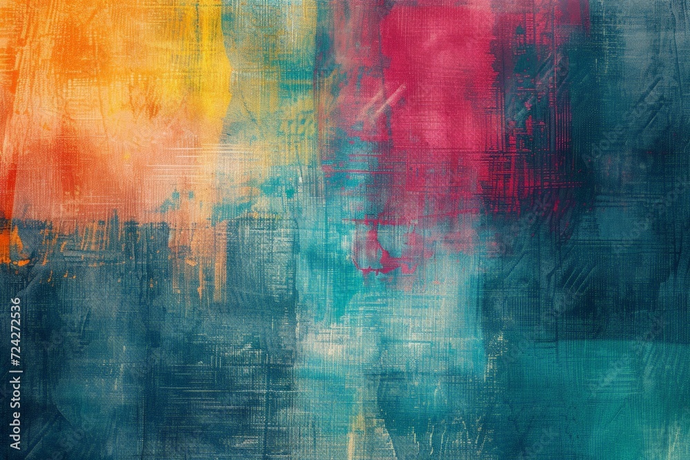 Vibrant abstract canvas with textured layers of orange, yellow, red, and teal with a grungy feel.