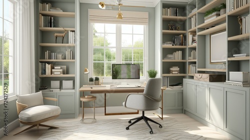 amber home office with shelves and a desk, in the style of light gray and light gold, cottagecore, 