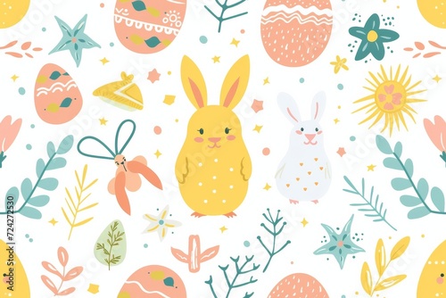 A whimsical illustration of playful child art, featuring a vibrant pattern of rabbits and eggs printed on soft fabric, evoking feelings of joy and the freshness of spring