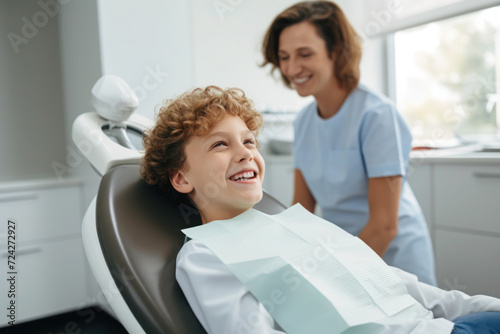 Caucasian boy visiting dentist  yearly checkup 