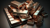 Copper bars background. Copper production. World prices for copper metal on global metals market and mining market. Copper bullion bars precious metals investing