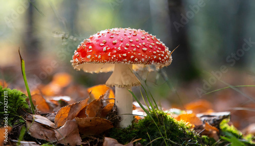 Red and white mushroom fly agaric in the forest.