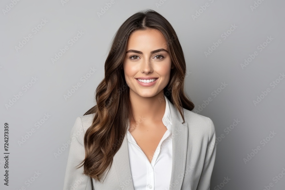 Portrait of happy smiling young business woman, over grey background. Portrait of happy smiling young business woman, over grey background.