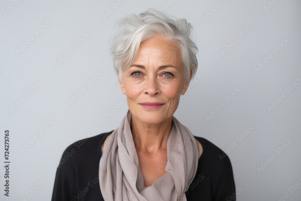 Portrait of beautiful senior woman with grey hair looking at camera. Portrait of beautiful senior woman with grey hair looking at camera.