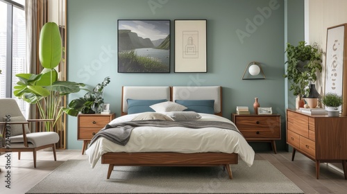 midcentury modern bedroom  colors sage blue and gray  