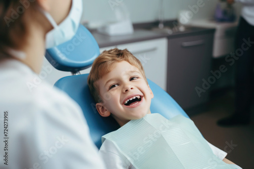 Caucasian boy visiting dentist, yearly checkup 
