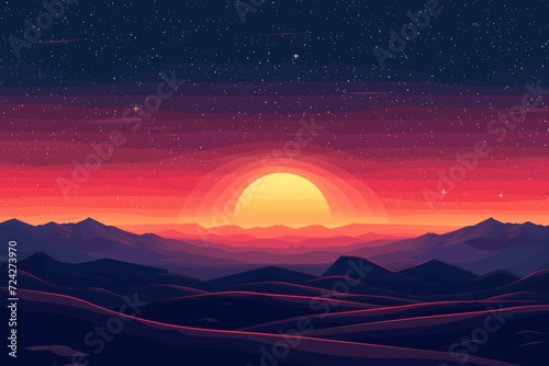 The fiery sun dips behind the jagged peaks, painting the sky with hues of orange and purple, while stars twinkle in the vast expanse above, a breathtaking display of nature's astronomical beauty