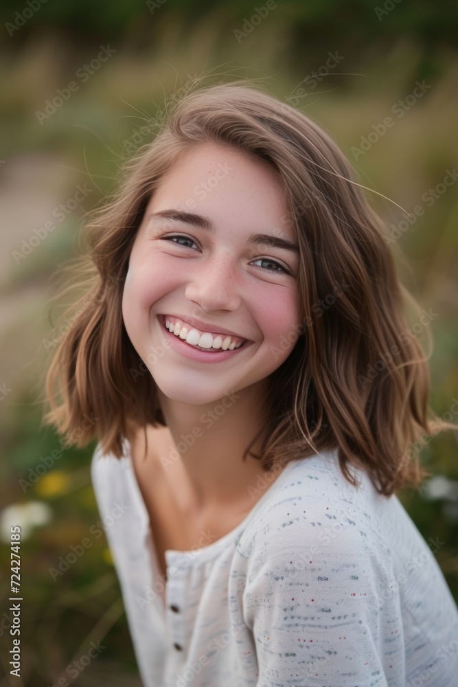 portrait of a smiling girl in her twenties, with should length hair portrait of a smiling girl in her twenties, with should length hair