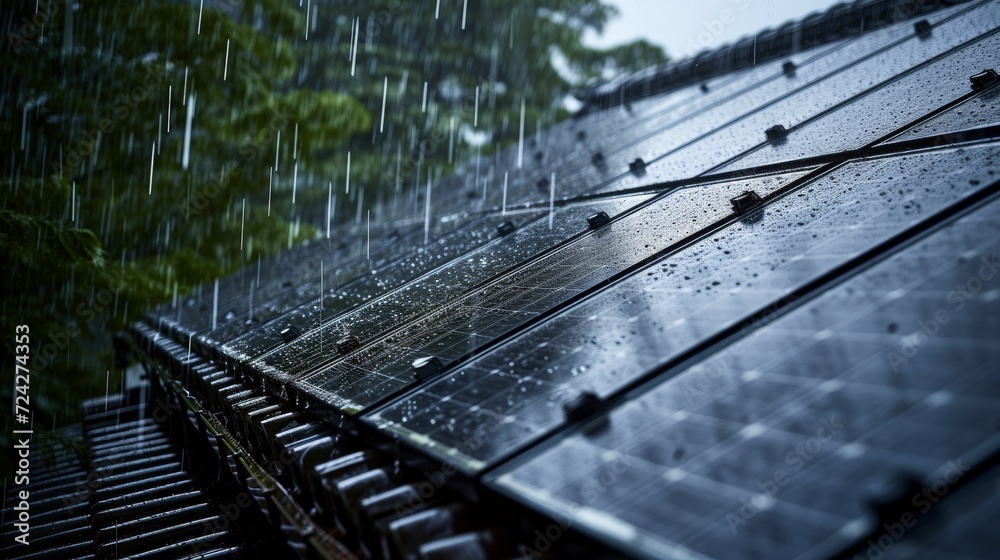 rain coming down on solar panels on the roof of a house  - obrazy, fototapety, plakaty 