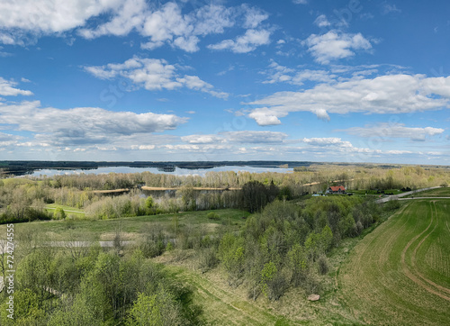 aerial view of a landscape with lake in europe