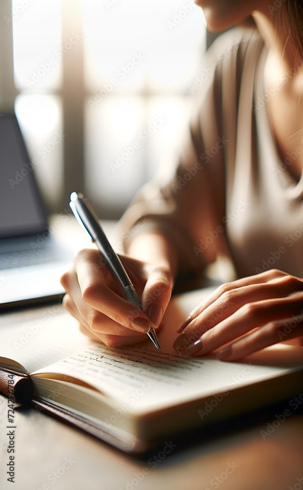 Close-up of a woman writing on a notebook. Close-up of a woman writing on a notebook.