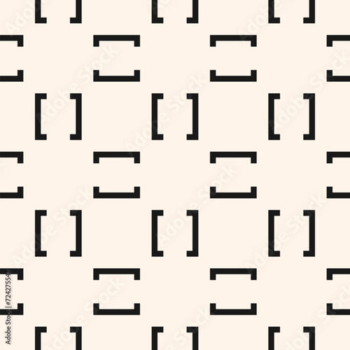 Vector minimalist seamless pattern. Simple modern geometric texture. Abstract monochrome minimal background with lines, square brackets. Repeated black and white geo design for decor, print, fabric