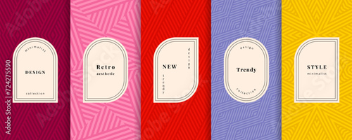 Vector geometric seamless patterns set. Trendy abstract stylish backgrounds with elegant minimal frames, labels. Abstract retro line funky textures. Colorful design for print, decor, package, banner