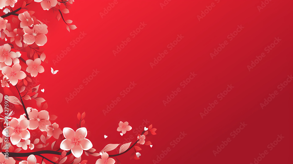 Fototapeta premium A red background with flowers. Copy Space.