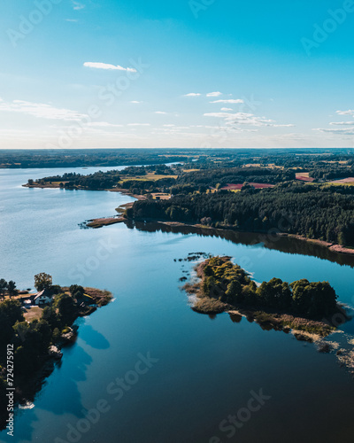 aerial view of a landscape with lake in europe