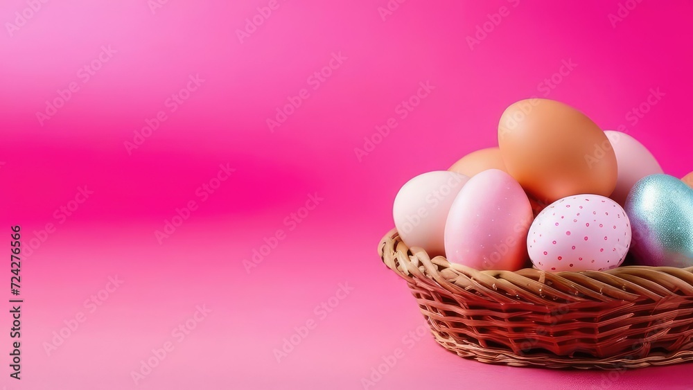 Happy Easter.Colorful eggs in a wicker basket on a in a pink background cozy home atmosphere