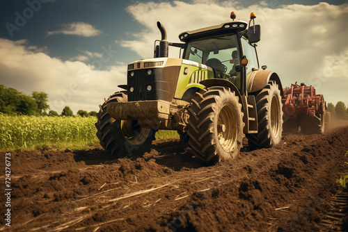 Tractor in a field. Farm. Agriculture. Harvest in a field. Agricultural professions. Peasant world. Harvest period. 