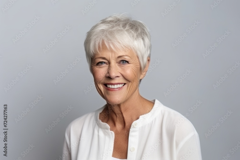 Portrait of a happy senior woman smiling at the camera over grey background Portrait of a happy senior woman smiling at the camera over grey background