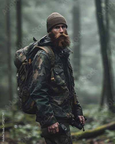 rugged outdoor hunting apparelmale model beard focused look weathered complexioncamouflage jacket ca Generative AI