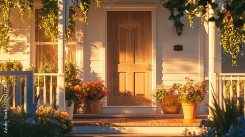 contrast between the white door and the surrounding elements. Highlighted details of white front door and flower pots, texture of door and flower pots