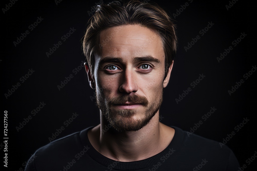 Portrait of a handsome young man with beard and mustache on black background