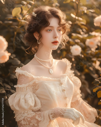 romantic vintage dress collectionfemale model soft curls wistful expression rosy complexionantique l Generative AI