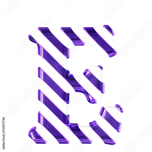 White symbol with thin purple diagonal straps. letter e