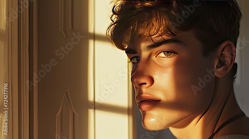 Natural or low artificial light can add depth to a close-up, highlighting the young man's facial features and the texture of the door. photo