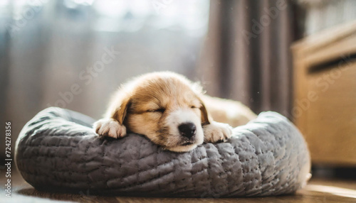 puppy peacefully rests on a cozy pet bed, embodying tranquility and companionship in a warm home setting