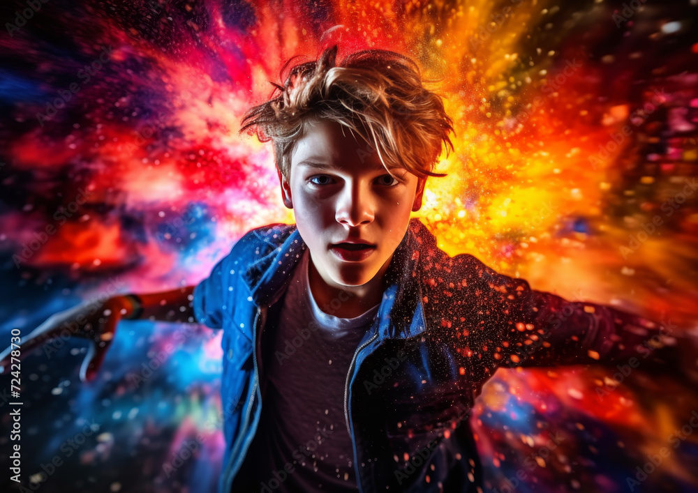 Teen's Pause in Exploding Art Background Teen's Pause in Exploding Art Background