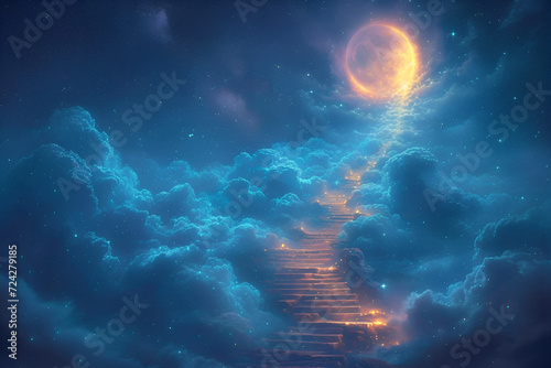 A mystical celestial staircase, adorned with shimmering stars, ascending towards a radiant moon amidst ethereal clouds. Created with generative AI.