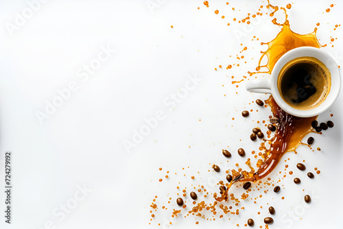 White cup with spilling coffee.