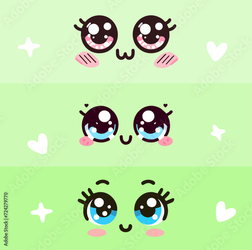 Kawaii manga style female cute eyes set. Drawing doll eyes, eyes for mascot. Beautiful eyes with female eyelashes.