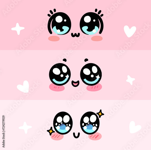 Kawaii manga style female cute eyes set. Drawing doll eyes, eyes for mascot. Beautiful eyes with female eyelashes.