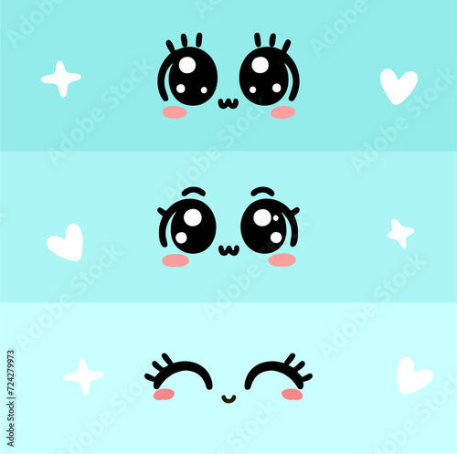 Kawaii manga style female cute eyes set. Drawing doll eyes, eyes for mascot. Beautiful eyes with female eyelashes.