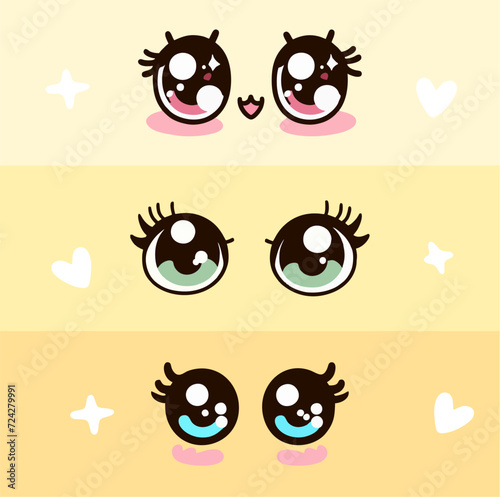 Kawaii manga style female cute eyes set. Drawing doll eyes, eyes for mascot. Beautiful eyes with female eyelashes.