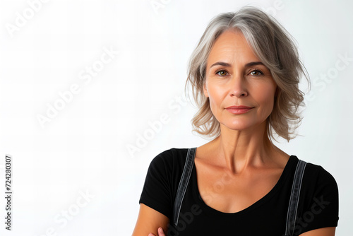 a confident portrait of a middle-aged businesswoman stands on the white background with her arms crossed looking directly at the camera