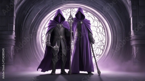  A mysterious and powerful wizard with a gray hood, a purple cloak, and a masked face. He holds a staff 