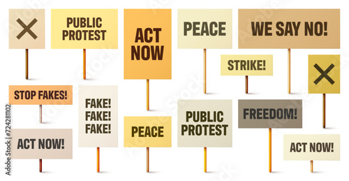 Colorful protest signs with slogan on wooden holder. Realistic vector demonstration banner. Strike action cardboard placard mockup