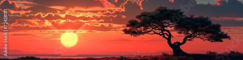 Acacia tree silhouette, rocks and plain grassland field against a setting sun. African savannah sunset landscape. Wild nature, Kenya panoramic view. Black history month concept photo